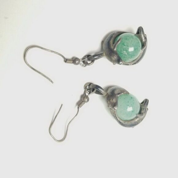Vintage Dolphin Green Ball Dangle Earrings, Silver Tone Tarnished, 80s 90s Style - Picture 3 of 8